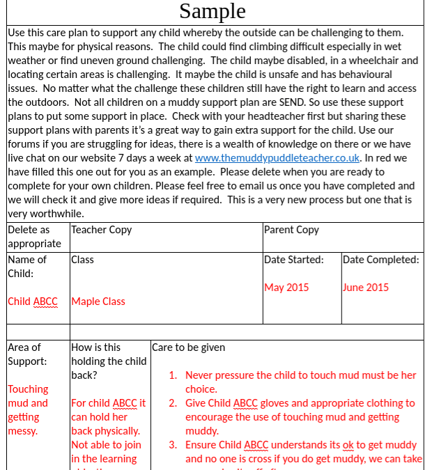 Outdoor SEND Care Plan